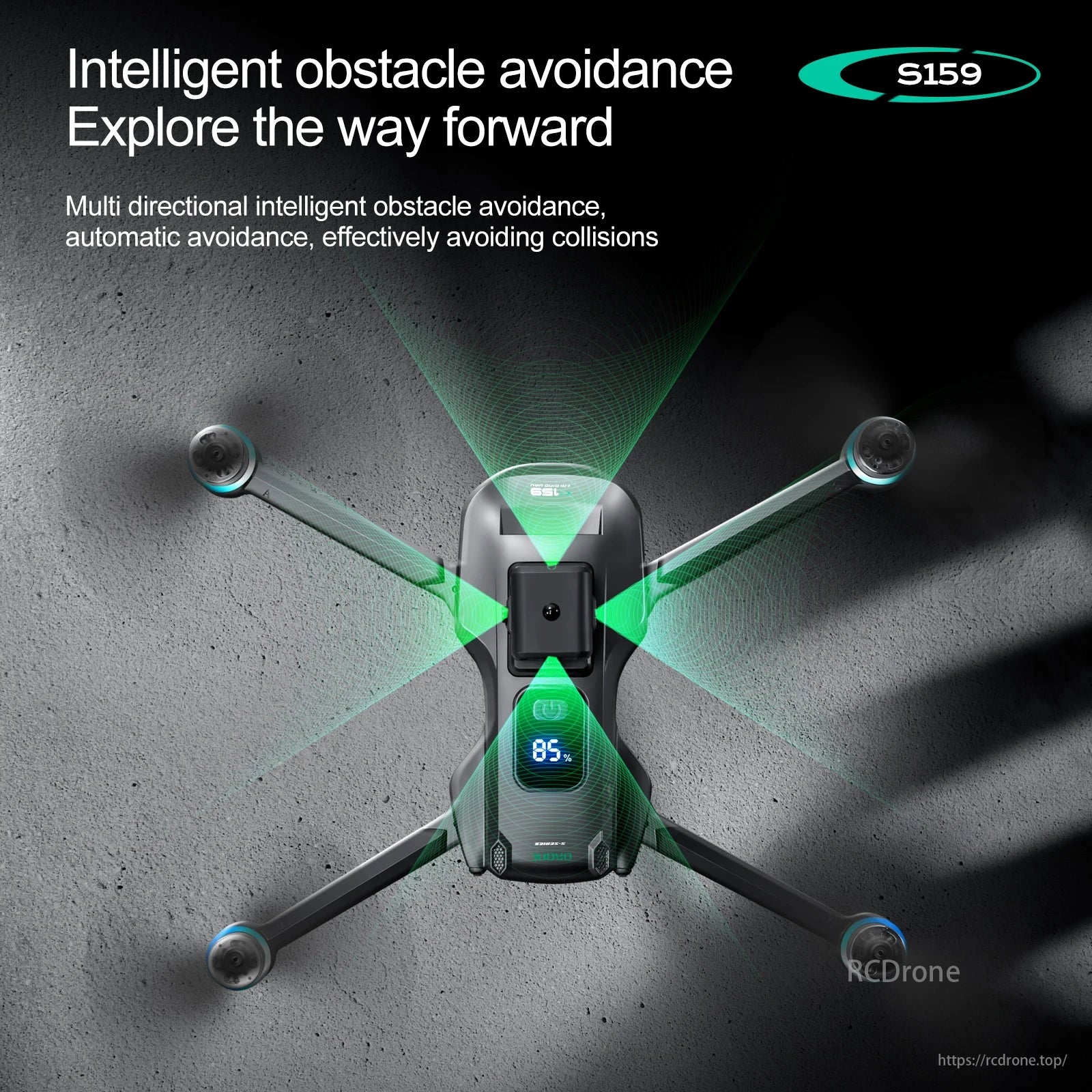 S159 drone features multi-directional intelligent obstacle avoidance, automatically preventing collisions while exploring forward paths. Battery at 85%.