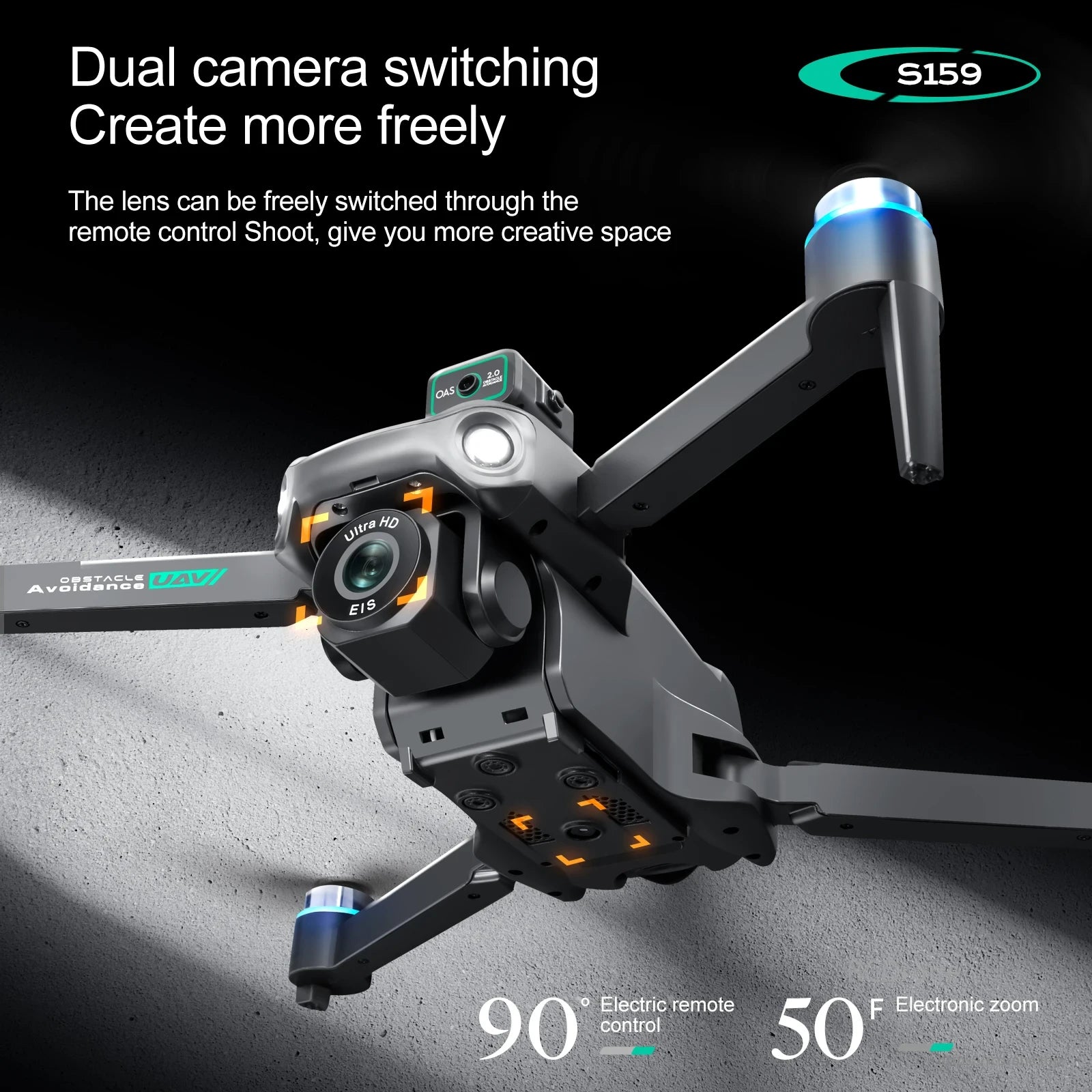 S159 Drone, Dual camera switching, remote control shooting, 90° electric control, 50x zoom for creative freedom.