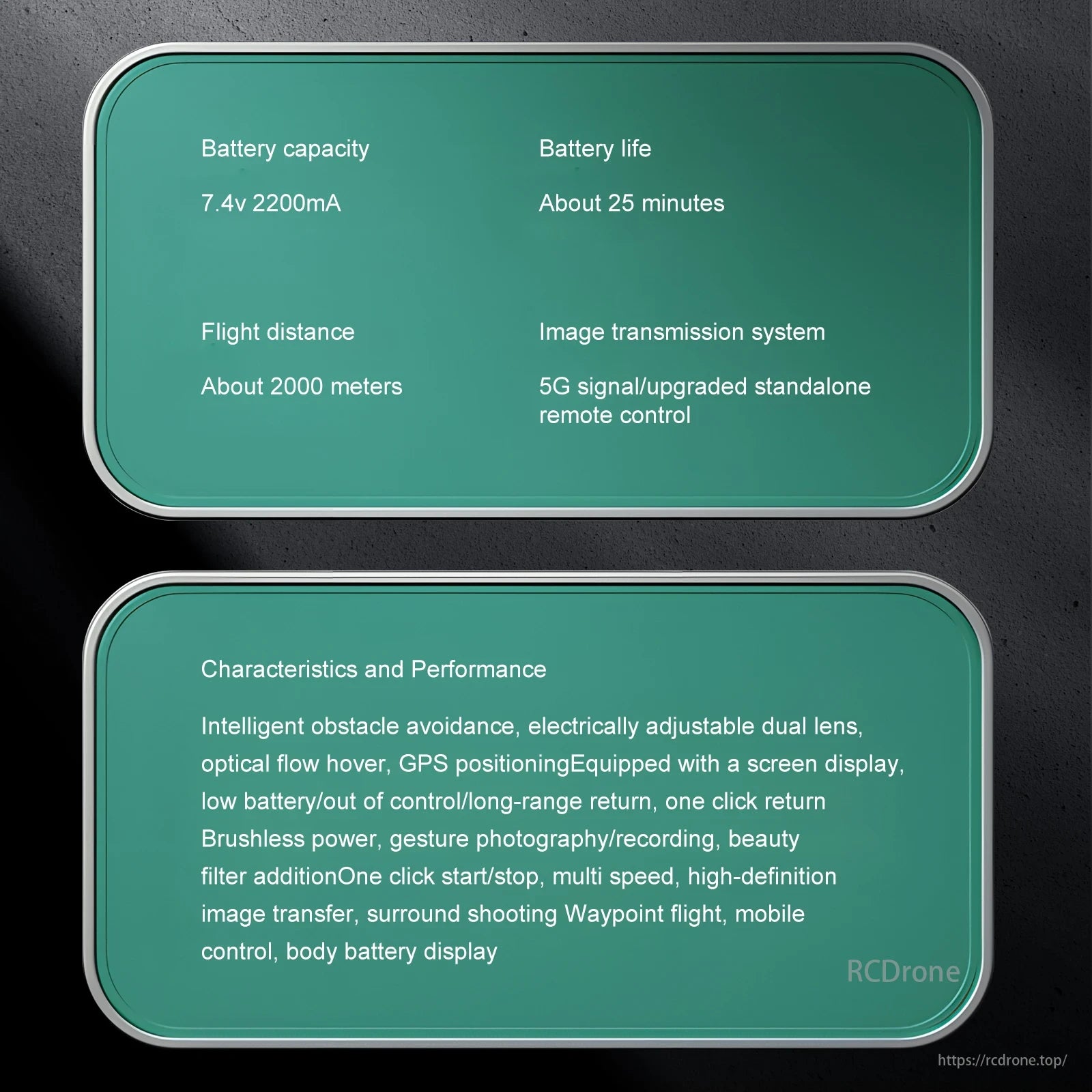 S159 Drone, This drone features a 7.4v 2200mAh battery with 25-minute flight time, 2km range, obstacle avoidance, dual lens, GPS, gesture control, beauty filters, HD image transfer, and mobile app control.