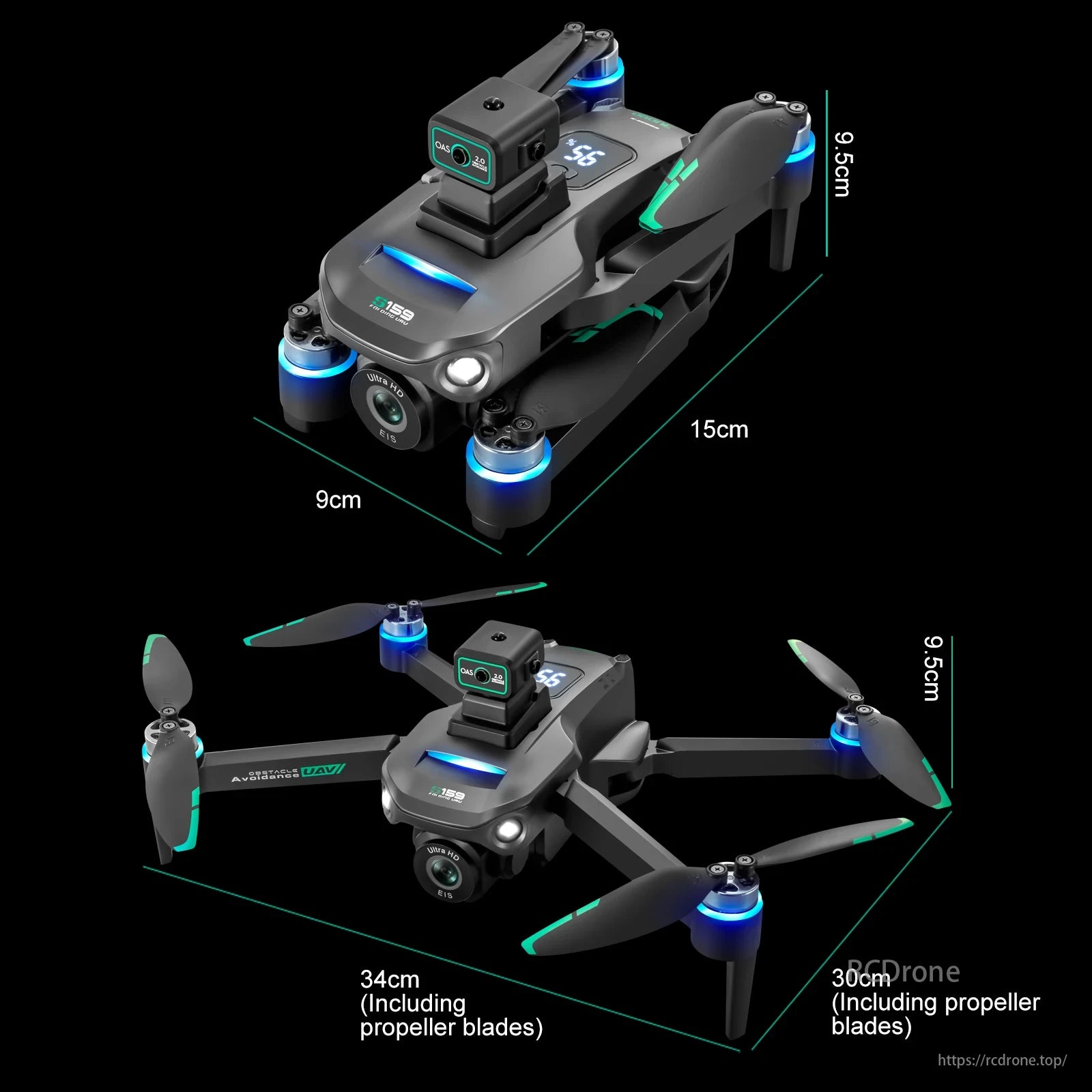S159 Drone, Compact drone with obstacle avoidance and EIS; dimensions: 9.5x15x9 cm, 34 cm diagonal with propellers.