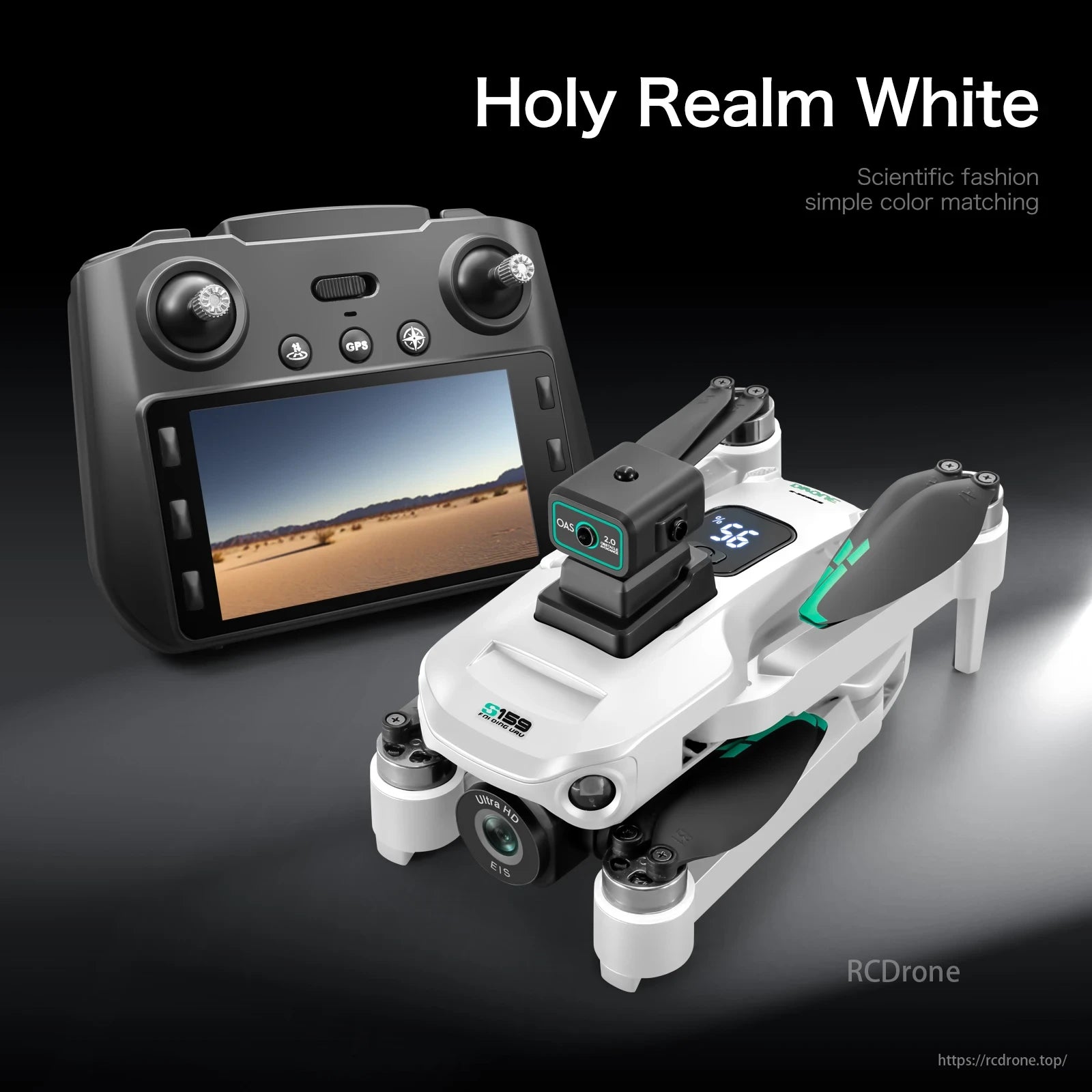 S159 Drone, Holy Realm White drone with remote control and screen.