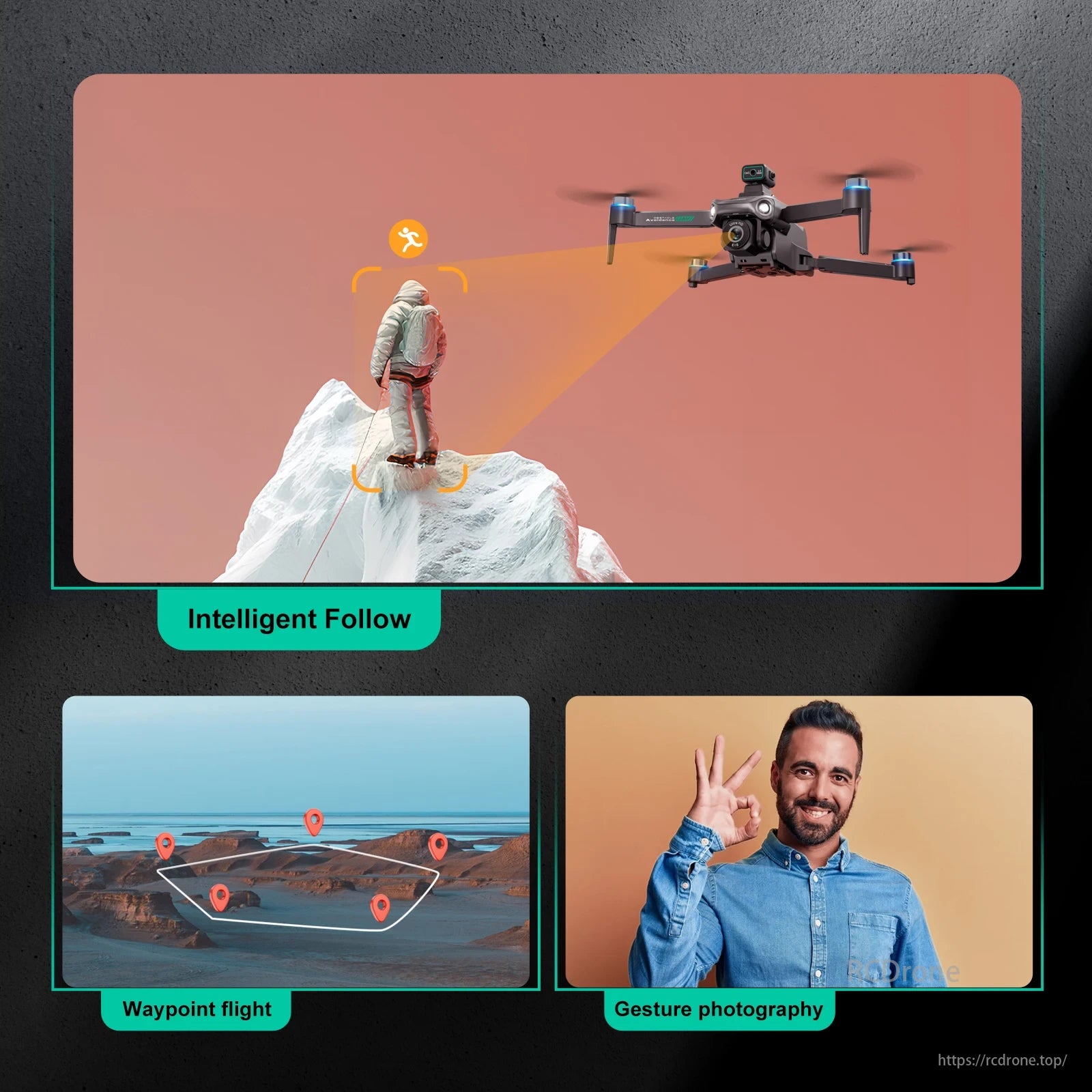 S159 Drone, Intelligent Follow, Waypoint flight, and Gesture photography features for advanced drone capabilities.