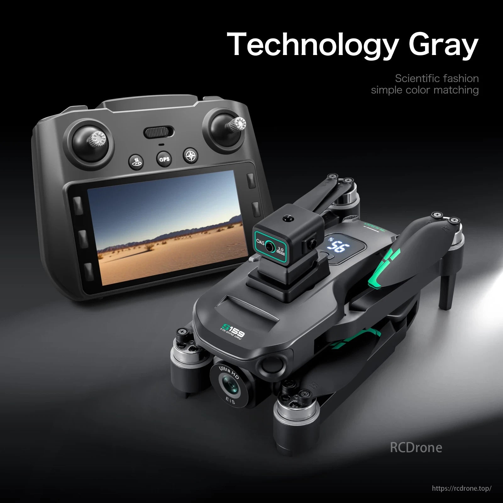 S159 Drone, Drone with remote control, ultra HD camera, and screen showing desert landscape; gray design, simple color matching.