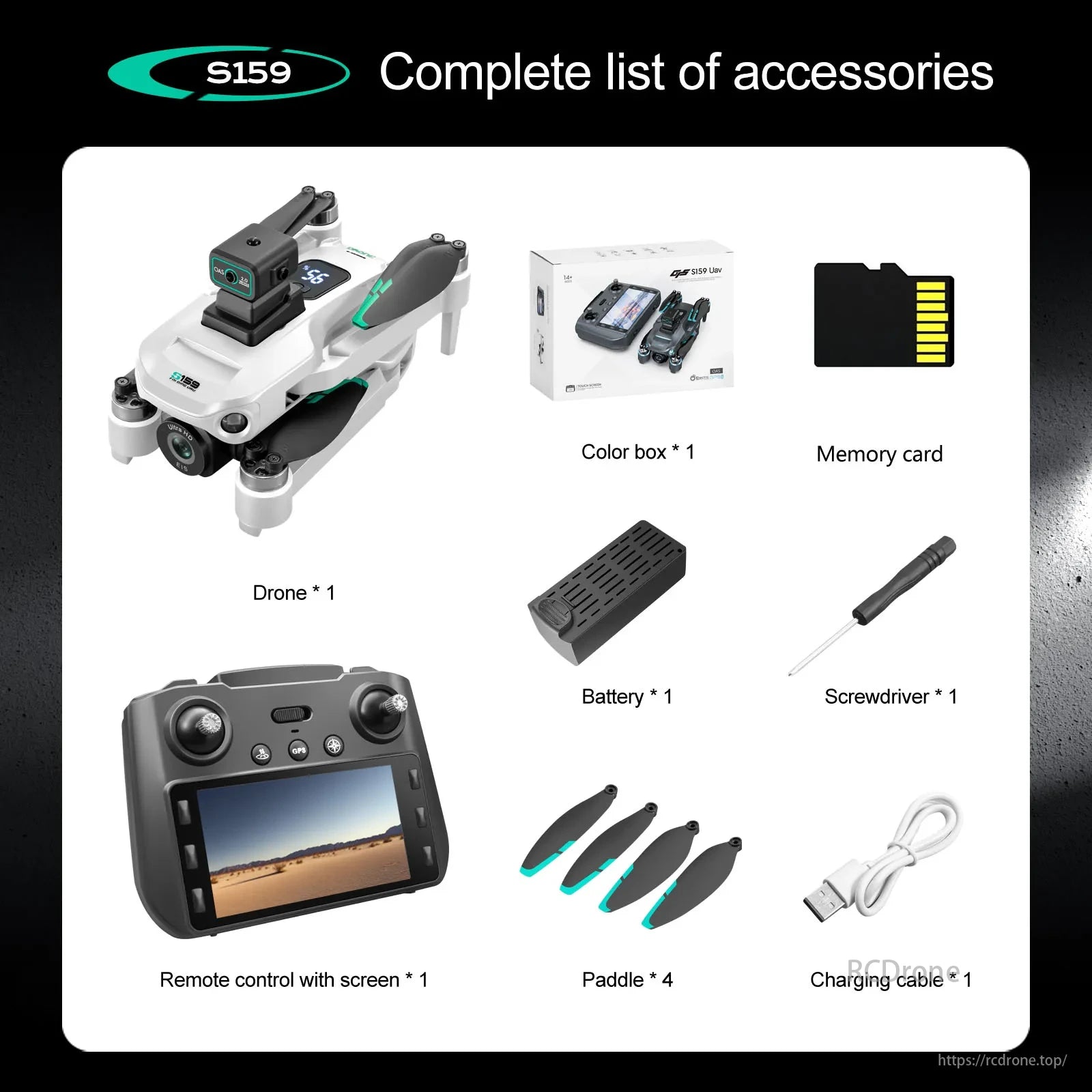 S159 Drone, S159 accessories include drone, remote control, battery, paddle, memory card, and tools.