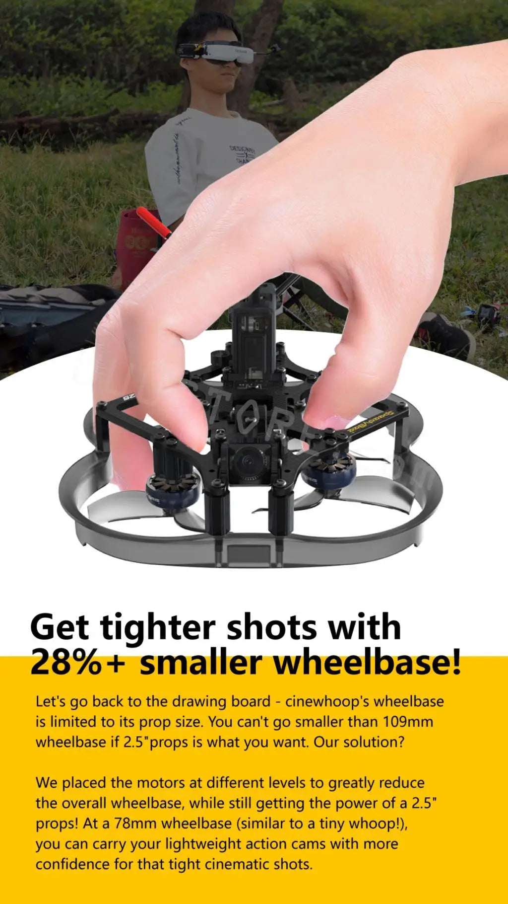 SpeedyBee Flex25, cinewhoop's wheelbase is limited to its prop size . 78mm