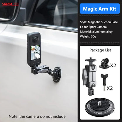 Lightweight aluminum alloy Magic Arm Kit with magnetic suction base, includes two mounts and screws, weighs 50g, ideal for sport cameras.