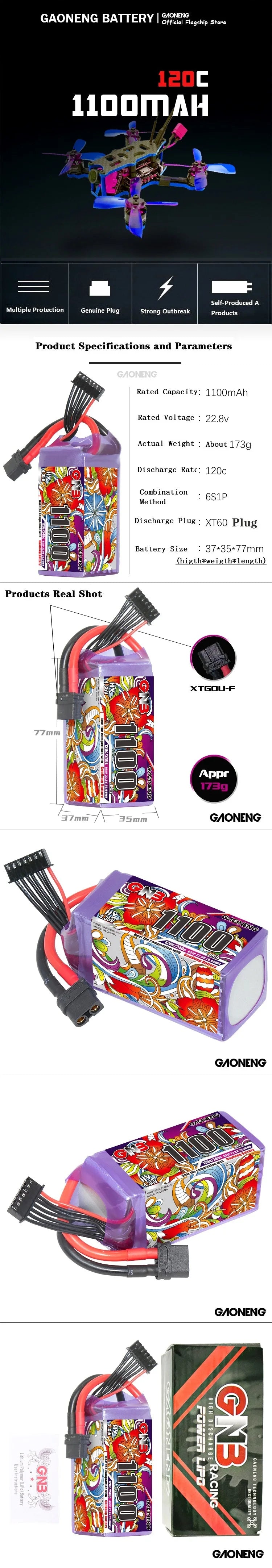 GAONENG GNB 6S HV battery: 22.8V, 1100mAh, high discharge rate for FPV racing drones.