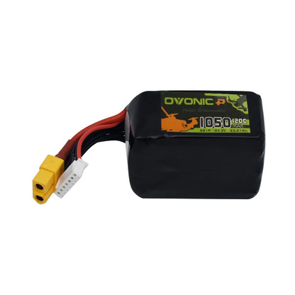 Ovonic 6S 22.2V 1050mAh 120C Lipo Battery, High-performance lithium-ion battery with XT60 plug for RC drones, offering 22.2V and 1050mAh capacity.