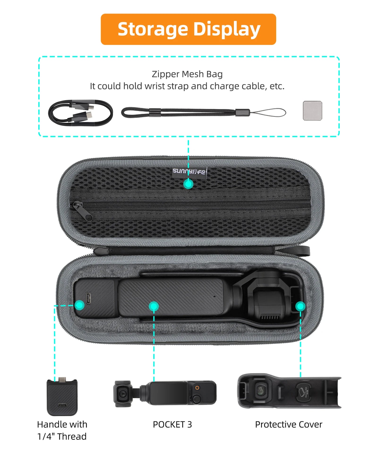 For DJI Pocket 3 Storage Bag, Storage Display Zipper Mesh Bag It could hold wrist strap and charge cable, etc: sunny
