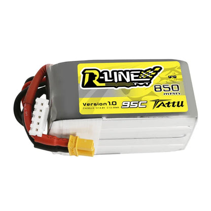 TATTU R-Line 1.0 14.8V 4S 850mAh 95C Lipo Battery, R-Line battery for FPV racing drone with XT30 connector, featuring 14.8V voltage, 4S cells, and high discharge rate.