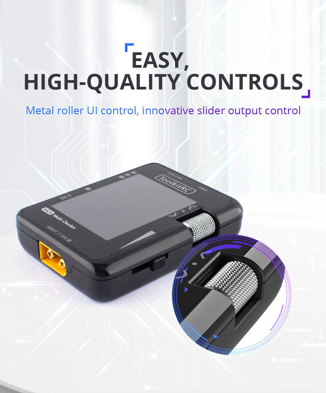 MC8详情页en_06.jpg ToolkitRC MC8, EASY HIGH-QUALITY CONTROLS Metal roller Ul control, innovative slider output
