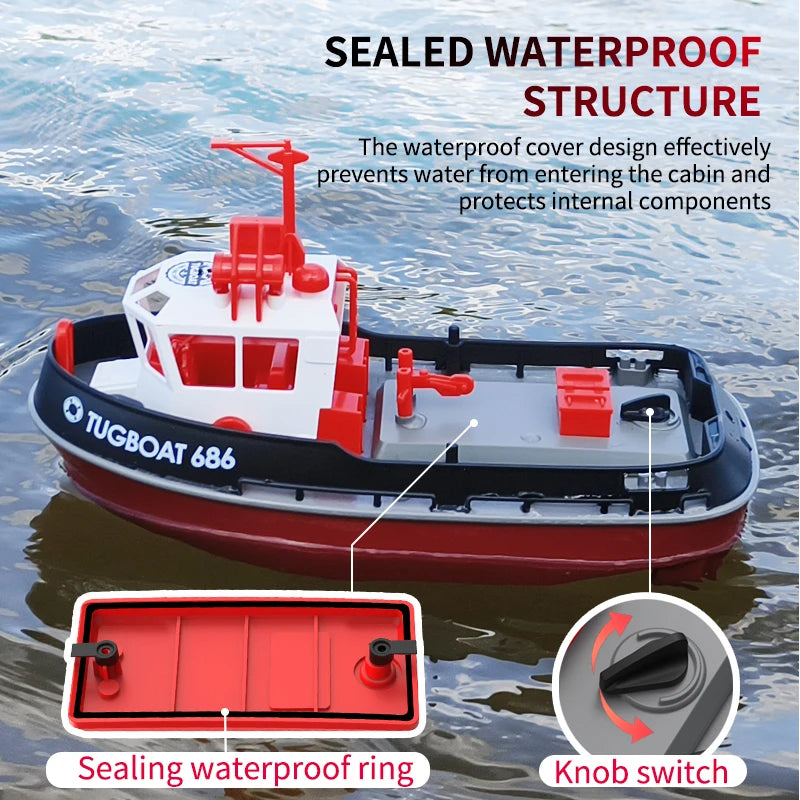 The JIKEFUN 686 Remote Control Tugboat has a waterproof design, 2.4G dual motor, and 3.7v 600mAh battery providing up to 15 minutes of runtime.