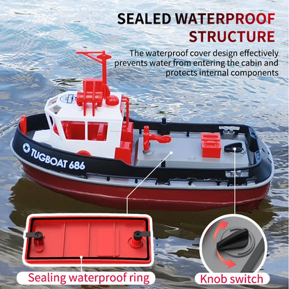 The JIKEFUN 686 Remote Control Tugboat has a waterproof design, 2.4G dual motor, and 3.7v 600mAh battery providing up to 15 minutes of runtime.