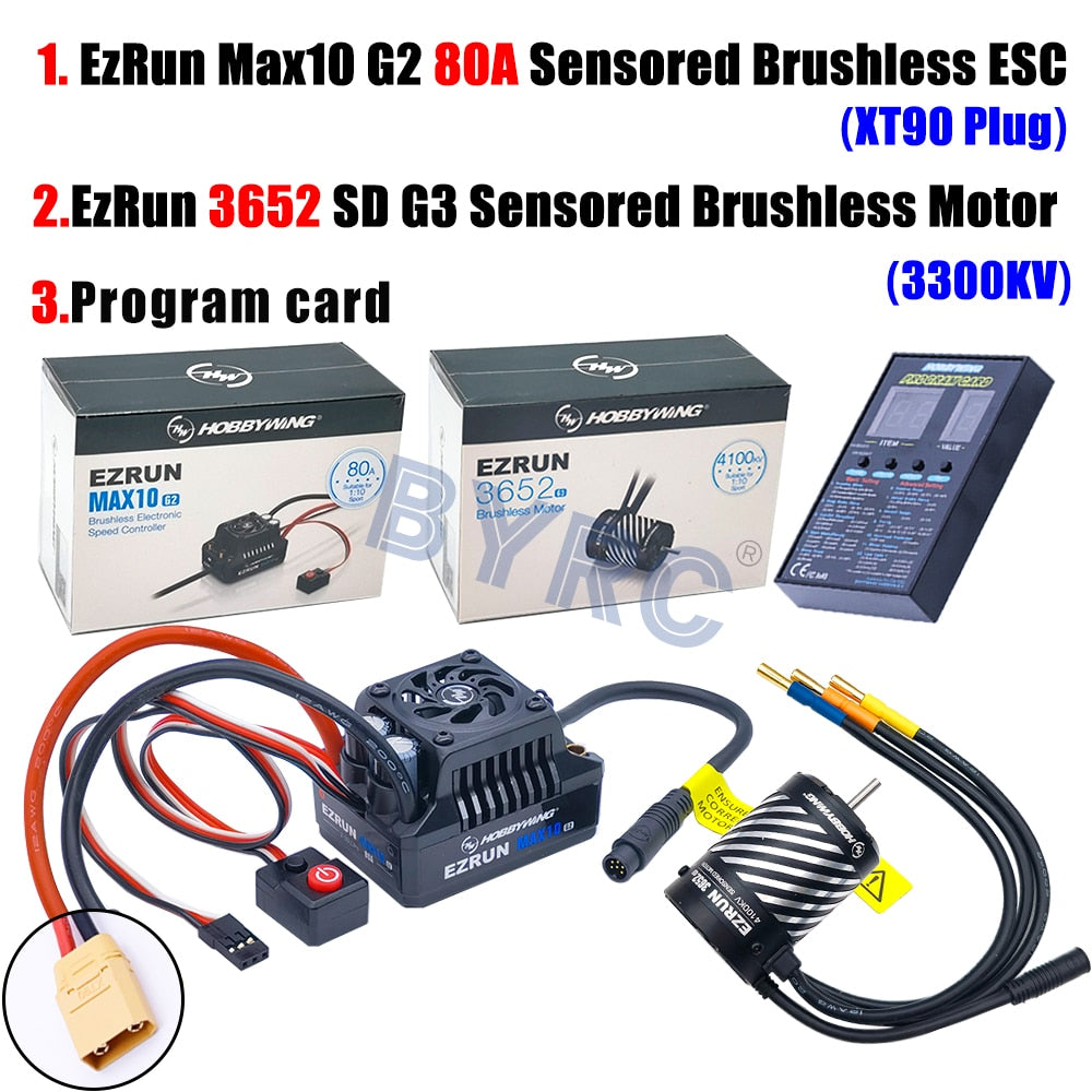 EzRun Max10 ESC kit with 3652 motor for 1/10 RC cars, featuring sensing tech and overcurrent protection.