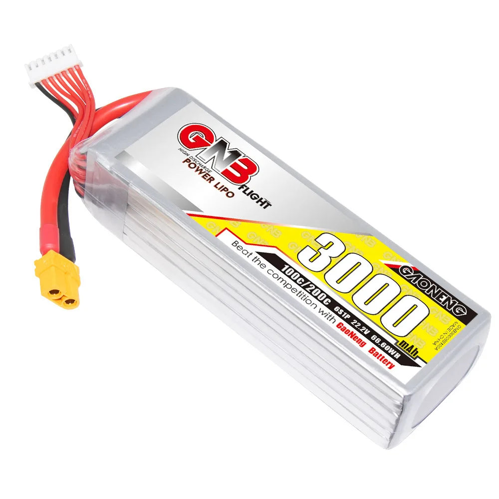 GaoNeng GNB HV 6S 22.2V 3000mAh 100C Lipo Battery, GNB HV 6S 22.2V 3000mAh LiPo battery for FPV drones with XT60/XT90/T plugs.