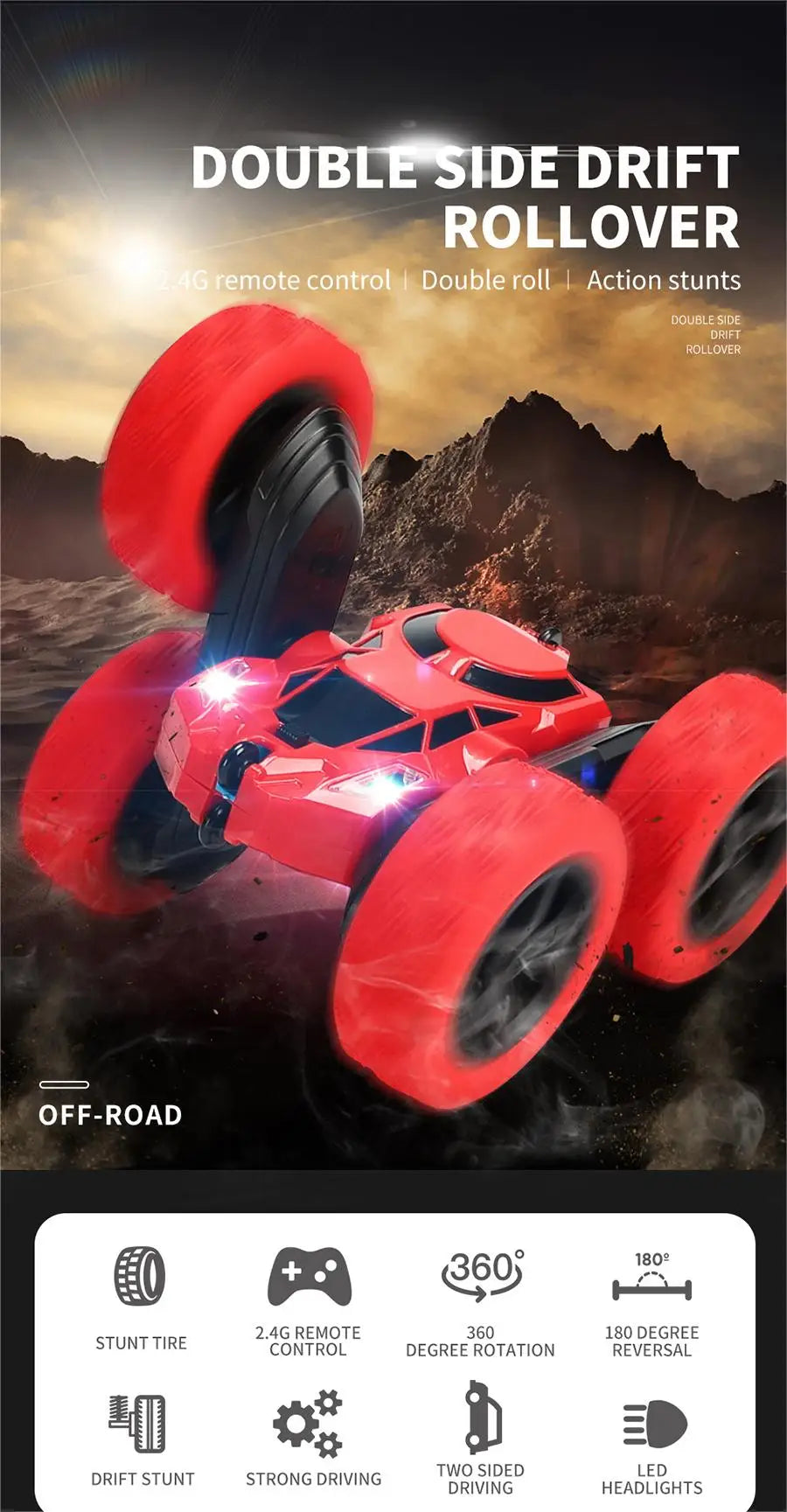 RC Stunt Car, DOUBLE SIDE DRIFT ROLLOVER 4S remote control Double roll Action stunt