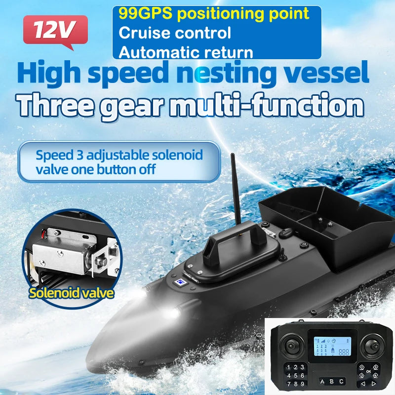 12V GPS RC bait boat with 99-point positioning, cruise control, auto return, 3-speed, solenoid valve, and night lights for precise, reliable fishing.