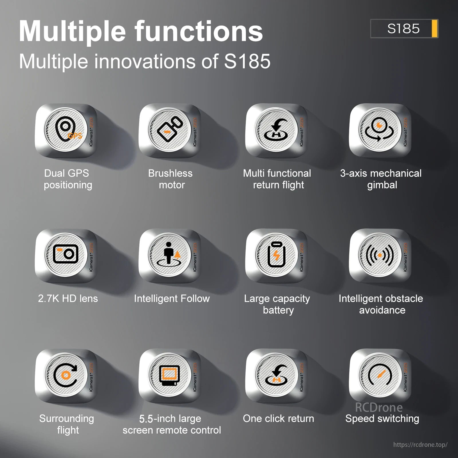 S185 GPS Drone, S185 features dual GPS, brushless motor, gimbal, 2.7K HD lens, intelligent follow, large battery, obstacle avoidance, and various flight modes.