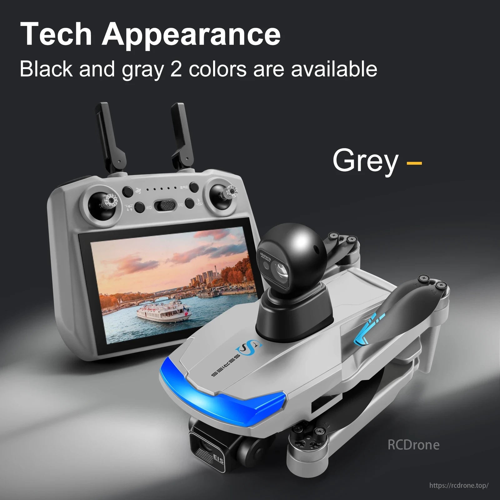 S185 GPS Drone, Tech Appearance: Black and gray drones with remote control, displaying scenic views. Two color options available.