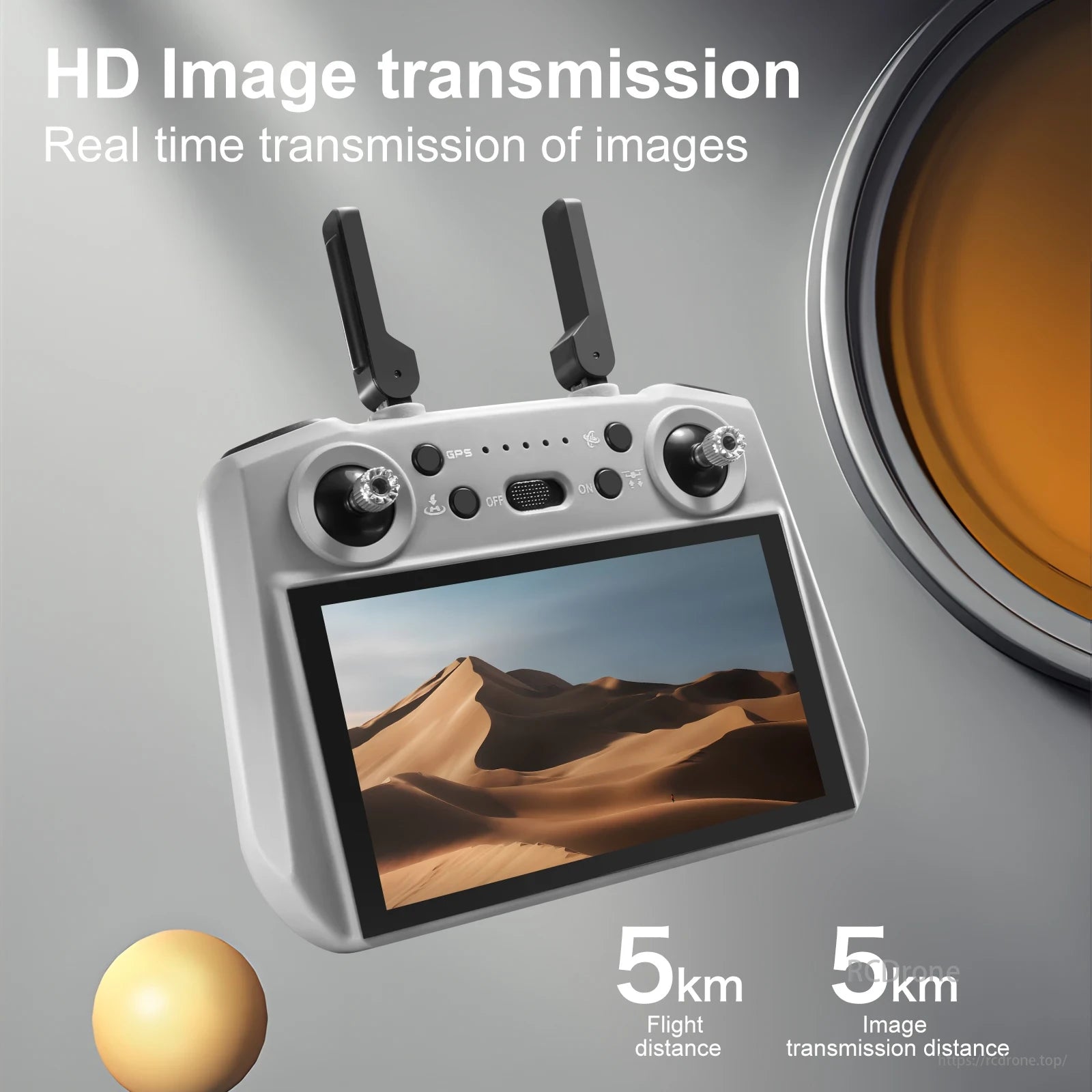 S185 GPS Drone, HD image transmission with real-time visuals, 5km flight range, GPS, and desert scenery display.