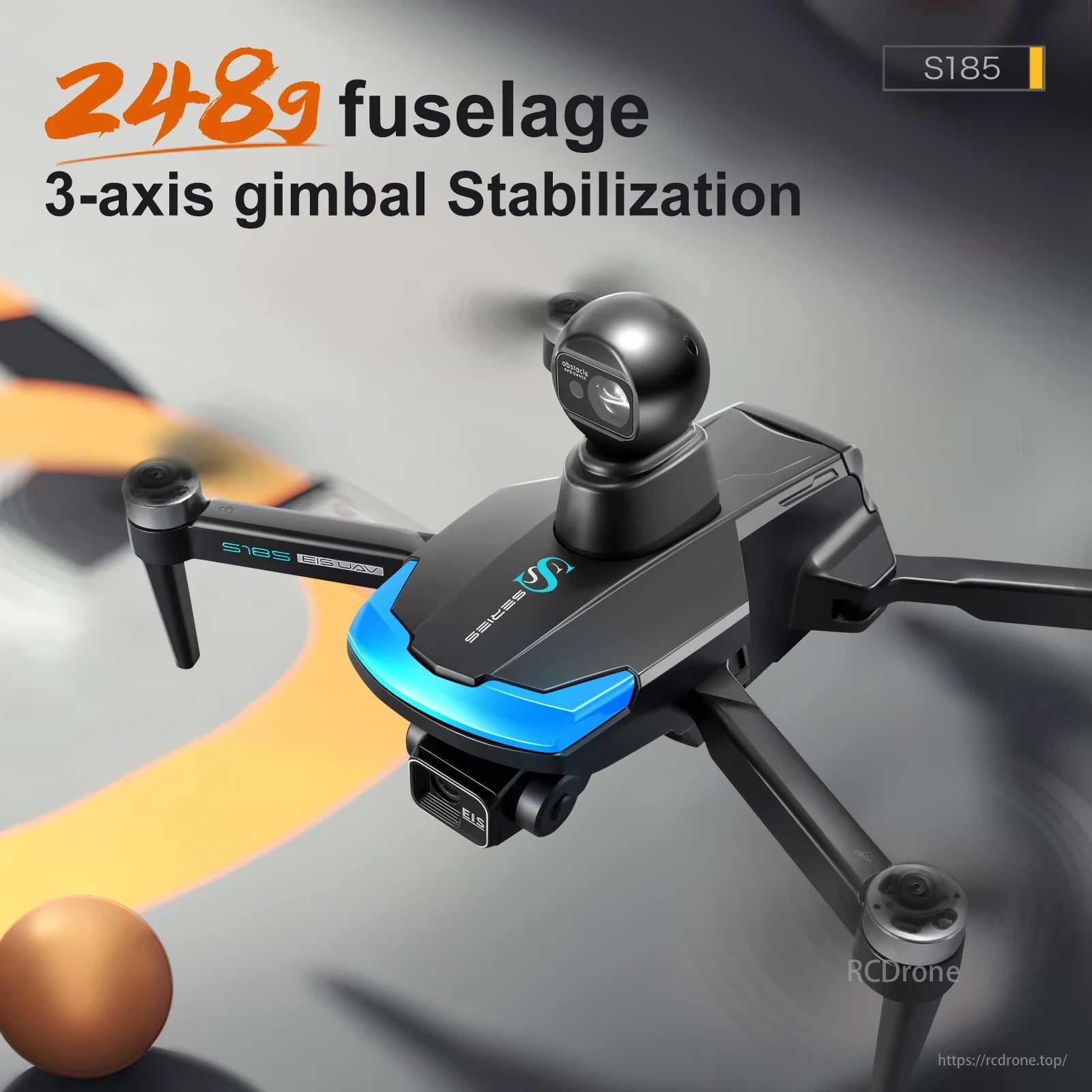 S185 GPS Drone, S185 drone: 248g, 3-axis gimbal, blue accents.