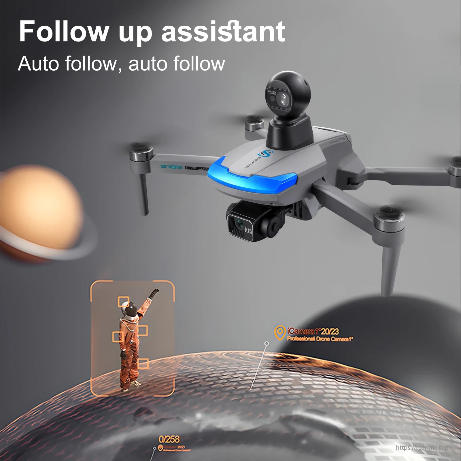 S185 GPS Drone, Follow-up assistant auto follows target. Drone captures footage with EIS stabilization.