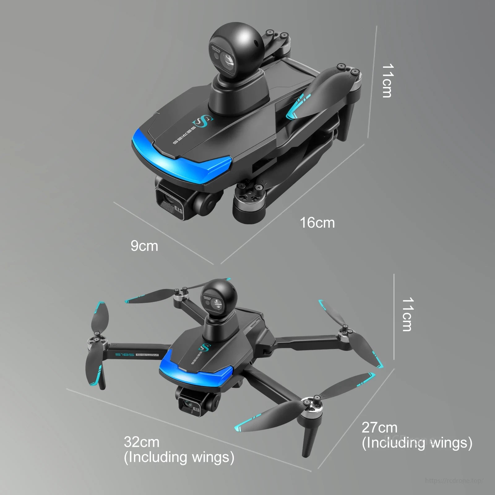 S185 GPS Drone, Compact drone with blue accents, foldable design, and top-mounted camera for aerial photography. Folded: 9x16x11cm, Unfolded: 32x27x11cm.
