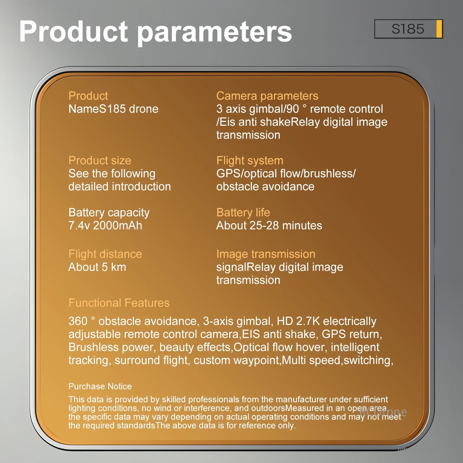 S185 GPS Drone, S185 drone features 3-axis gimbal, 2.7K camera, 360° obstacle avoidance, GPS/optical flow, 25-28 min battery life, and 5 km range with intelligent tracking and custom waypoints.