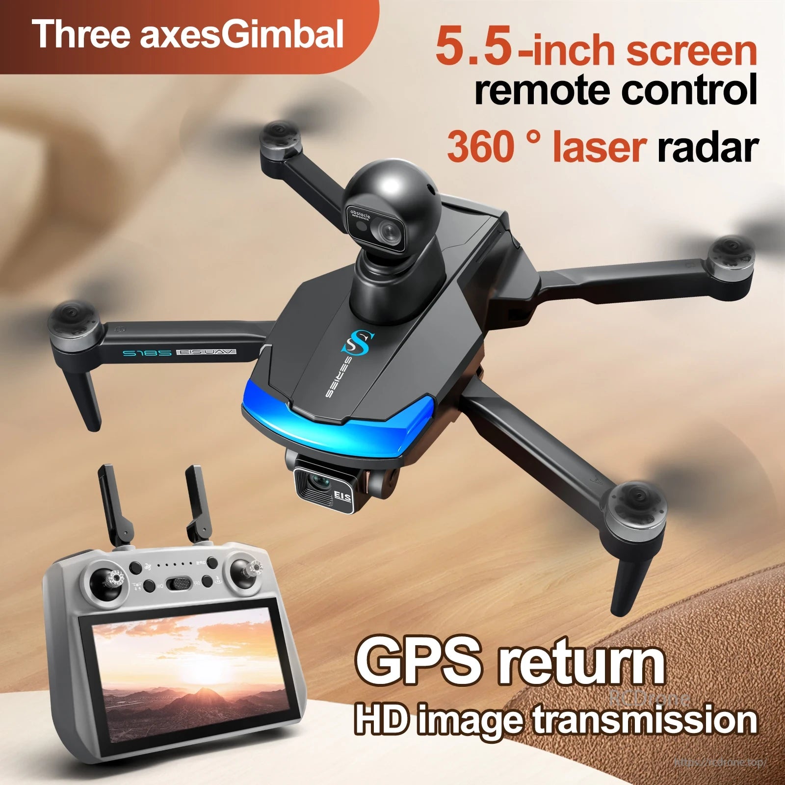 S185 GPS Drone, This drone features a three-axes gimbal, 5.5-inch screen controller, 360° laser radar, GPS return, and HD image transmission.
