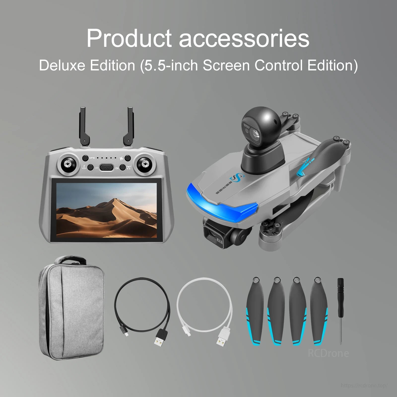 S185 GPS Drone, Product accessories include remote, drone, case, cables, propellers, and screwdriver.