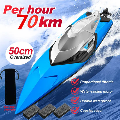 Tccicadas 50CM RC Boat, High-speed 50cm RC boat, reaches 70km/h, waterproof, features capsize reset and proportional throttle for precise control.