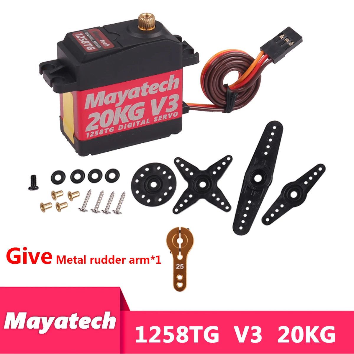 Mayatech 1258TG V3 20KG Servo, Radio-controlled car kit with metal rudder arm, powerful servo, and digital steering gear for precise parabolic control.