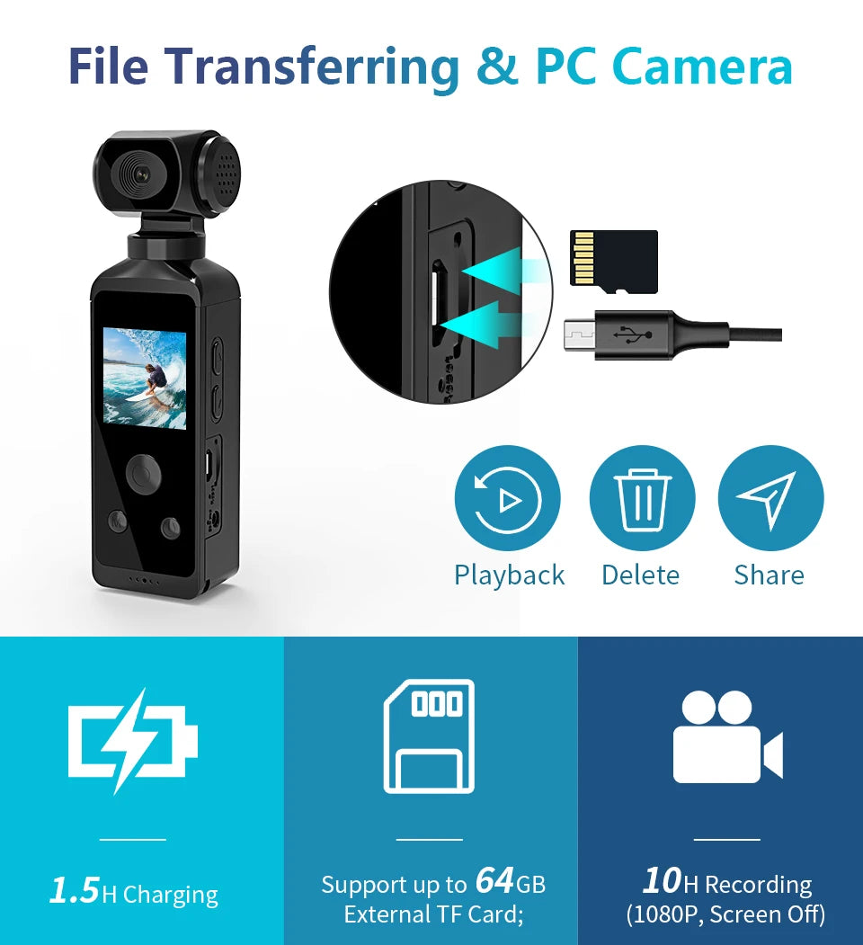 4K Ultra HD Pocket Action Camera, File Transferring & PC Camera Playback Delete Share dod 1.5H Charging Support