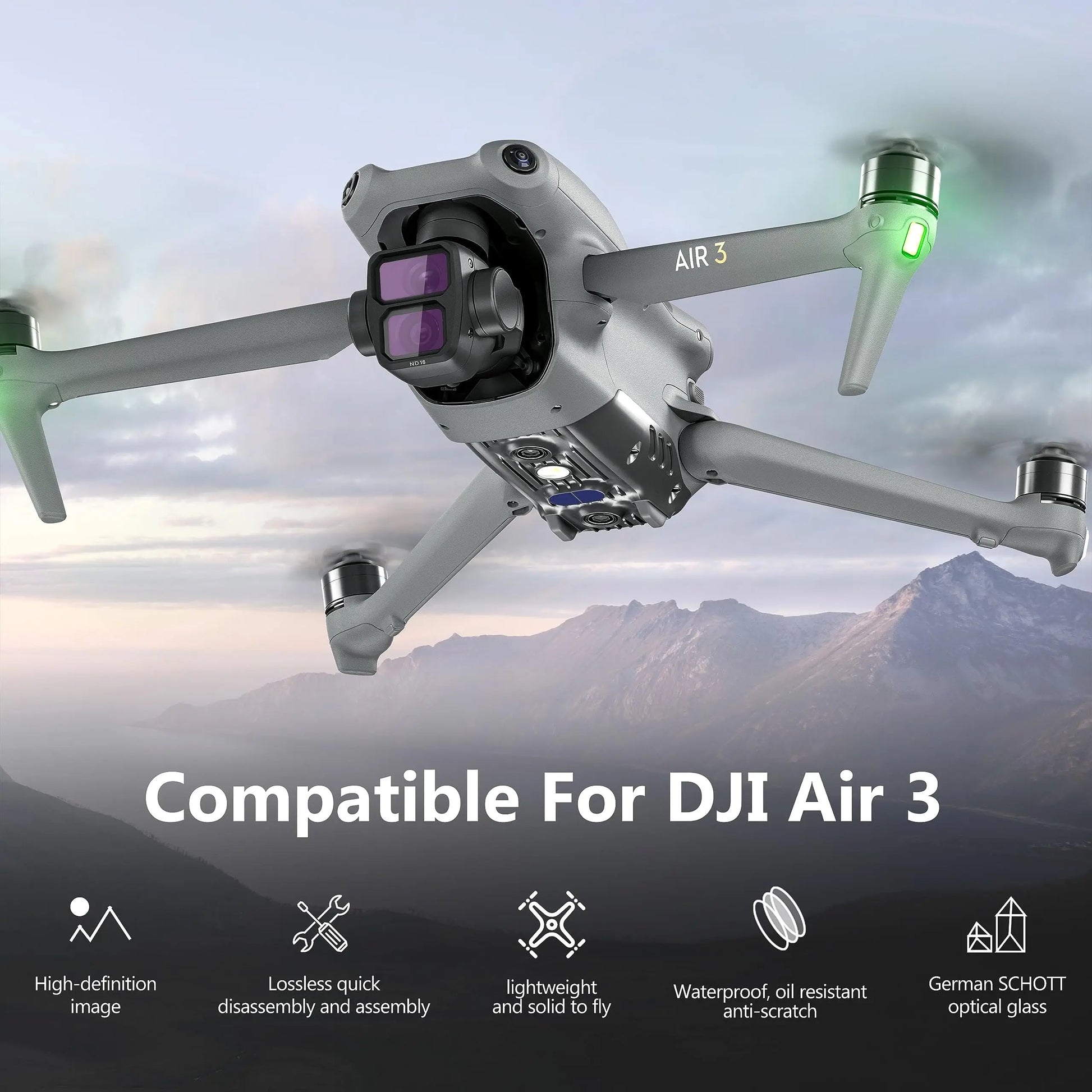 STARTRC ND Filter, STARTRC ND filter set for DJI Air 3 includes ND8/16/32/64, UV, CPL, AGC glass, and snap-on aluminum frame for enhanced aerial photography.