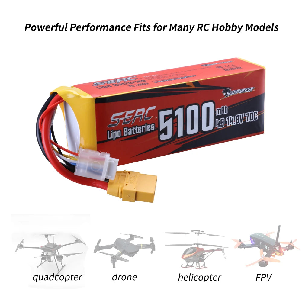 Sunpadow RC 3S 4S 6S Lipo Battery 5100mAh, Powerful Performance Fits for RC Hobby Models MAb Lipo quadcopter drone