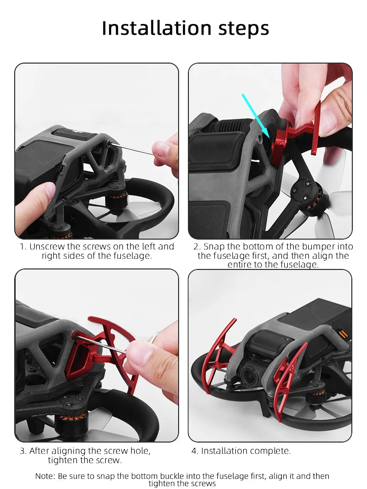 Gimbal Camera Anti-collision Bar for DJI Avata Combo Drone - Bumper Protector Lens Bumper Accessories 18 Gimbal Camera Anti-collision Bar for DJI Avata Combo Drone, installation steps Unscrew the screws on the left and 2 . Snap the bottom buckle