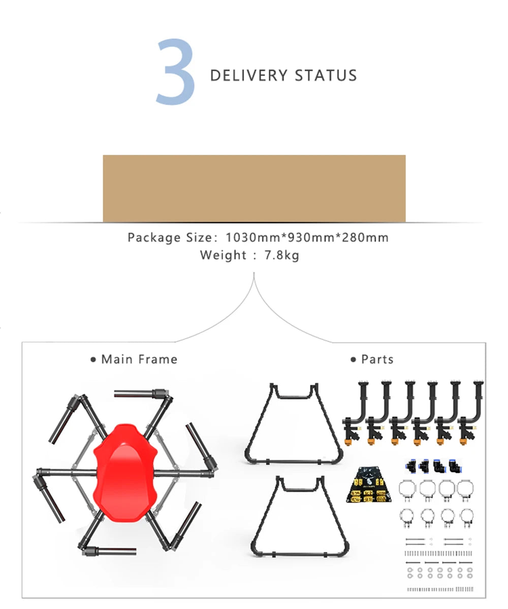 Dreameagle X616 16L 16KG Agricultural Drone, Agricultural drone frame kit by Dreameagle X616, measures 1030mm*930mm*280mm and weighs 7.8kg.