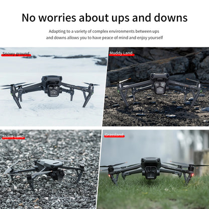 STARTRC Propeller Guard, Mavic 3 Pro drone features protective guard, extended legs, and adapts effortlessly to snowy, muddy, rocky, and grassy terrains for stable flight.