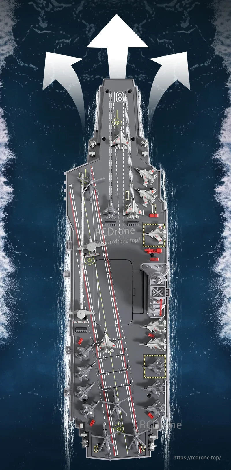 S19 RC Warship, Deck features DIY assembly, smart water removal, speed switching, and crash-resistant plastic construction.