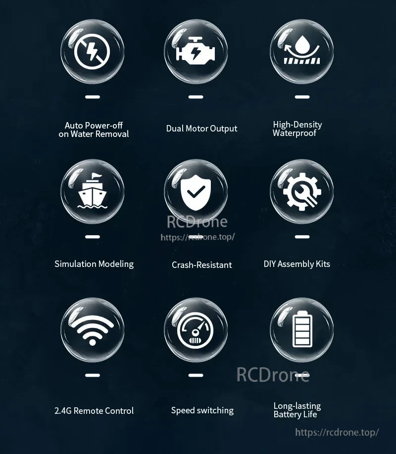 S19 RC Warship, Durable, waterproof drone with dual motors, remote control, speed switching, long battery life, crash-resistant design, and DIY kits for simulation and auto power-off.