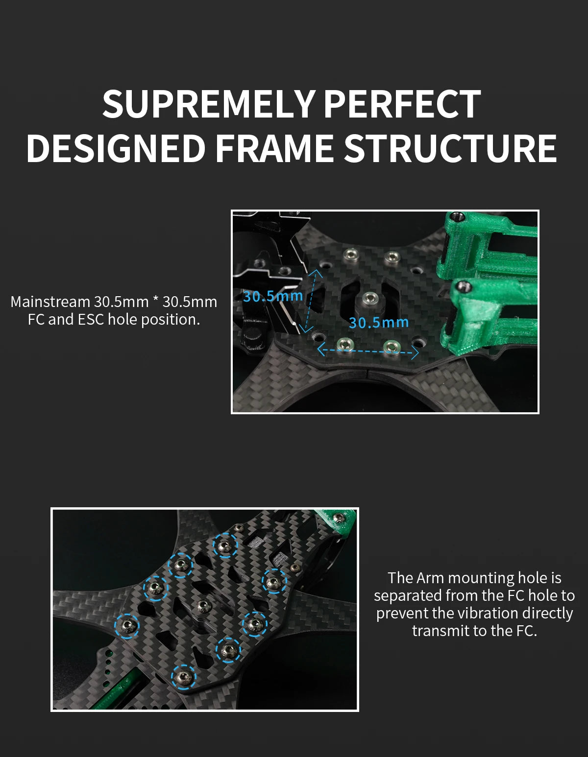 ESC hole position: 30.5mm The Arm mounting hole is separated from the FC hole to