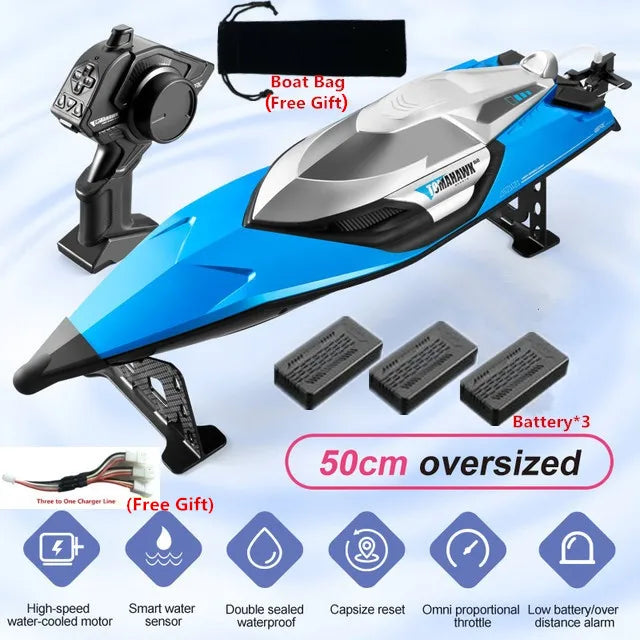 Tccicadas 50CM RC Boat, 50cm RC boat: 70km/h speed, 2.4G control, capsize reset, dual waterproof, smart alarm, high-speed motor, three batteries, includes free gifts.
