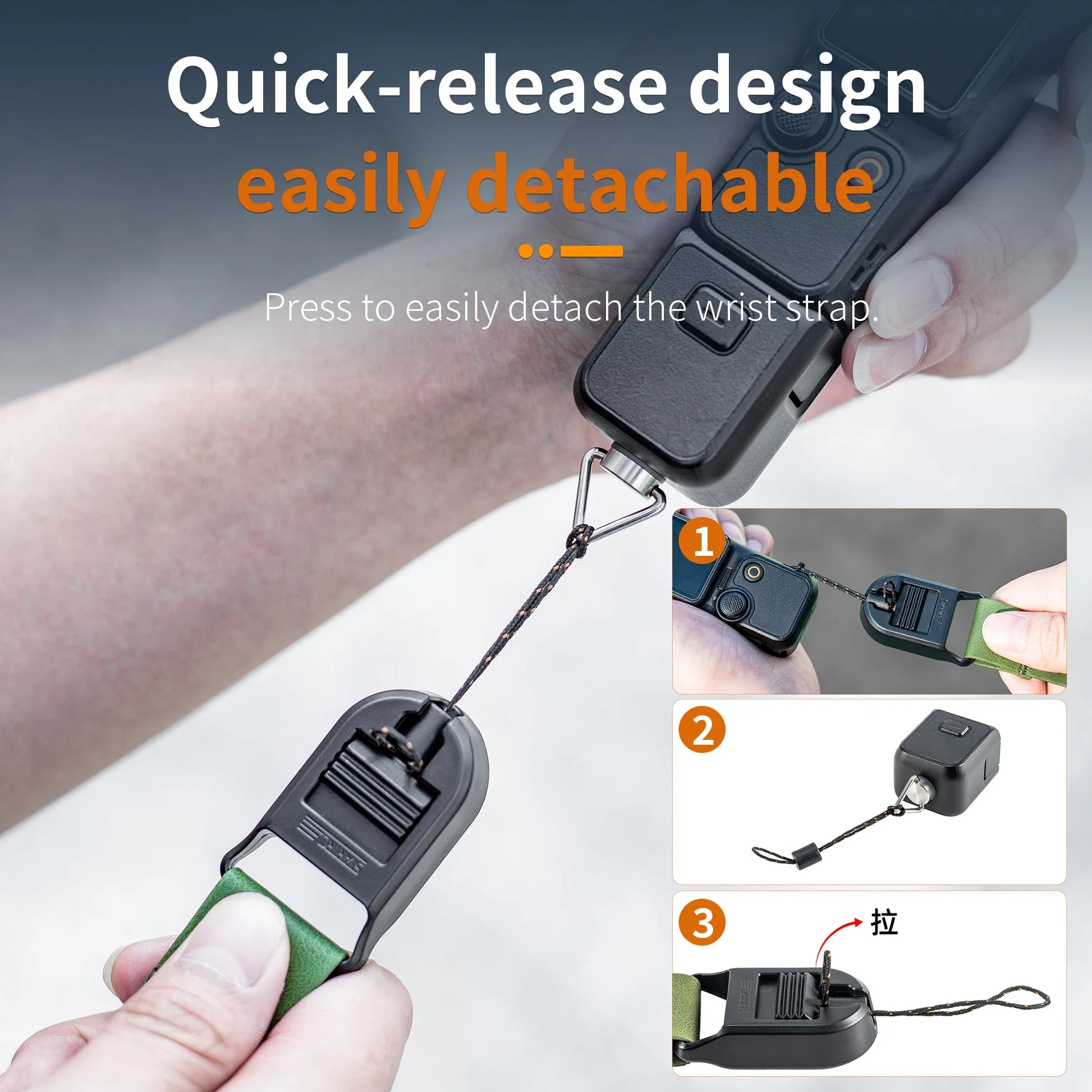 STARTRC Pocket 3 Wrist Strap, Quick-release wrist strap for action cameras; easily detachable with press-to-release mechanism.