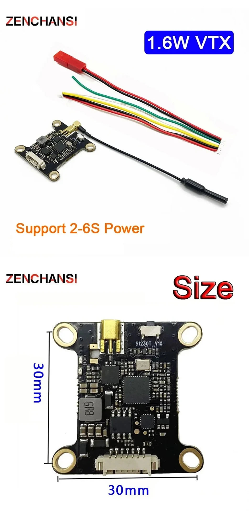 5.8GHz 1.6W FPV VTX, 1.6W VTX Support 2-6S Power ZENCHANSI Size Siz