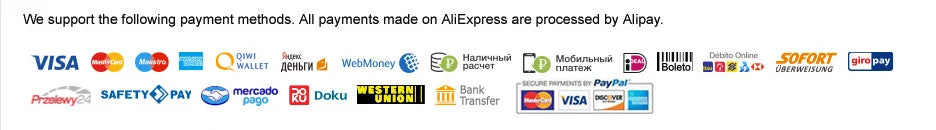 AlExpress accepts the following payment methods: SOFORT VISA WALLET 