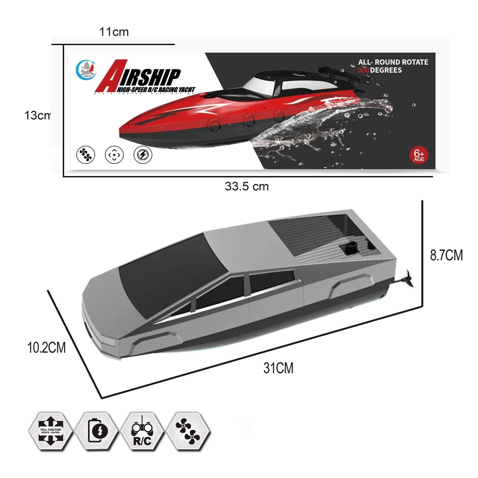 Cyberpunk 2.4GHz High‑Speed RC Boat, Waterproof RC racing yacht with 2.4GHz dual motors, 360° rotation, rechargeable battery, full-function remote. Perfect for pools and lakes. Recommended for ages 6 and up. (25 words)
