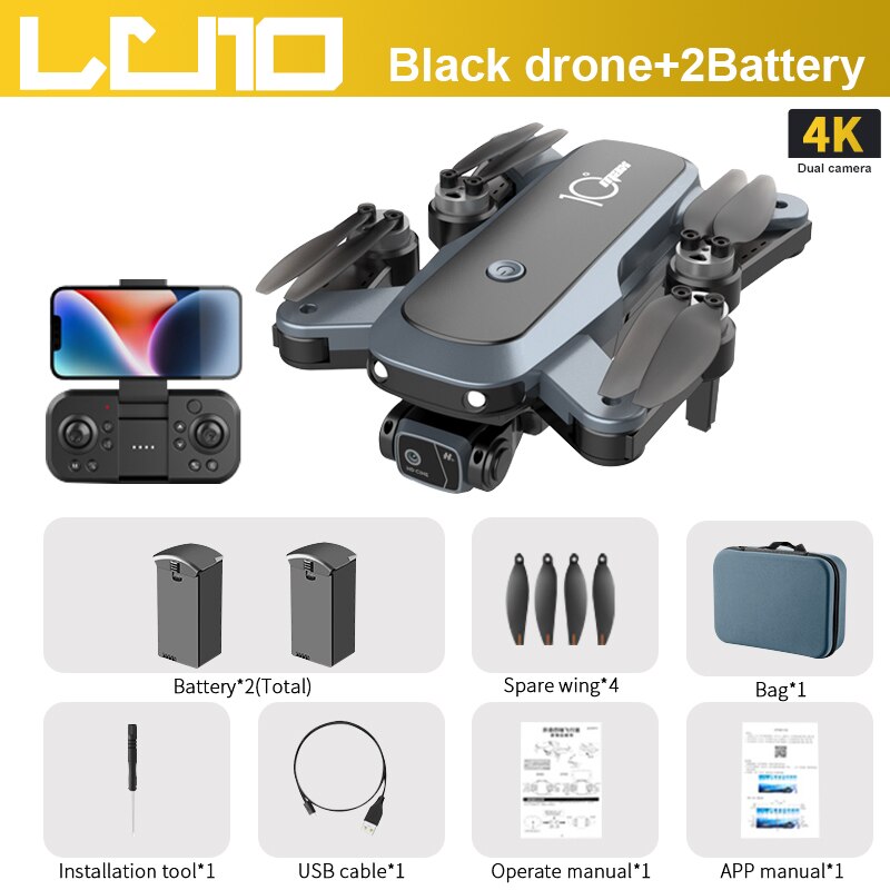 LU10 Drone, Black drone+2Battery 4K Dual camera Battery* 2