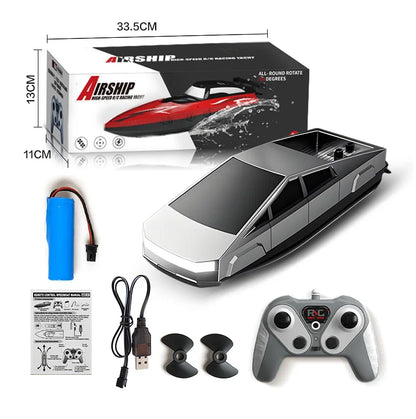 RC Boat, High-speed RC airship yacht with 2.4G remote, waterproof design, dual propellers, ABS material, AA battery powered, includes controller and accessories.