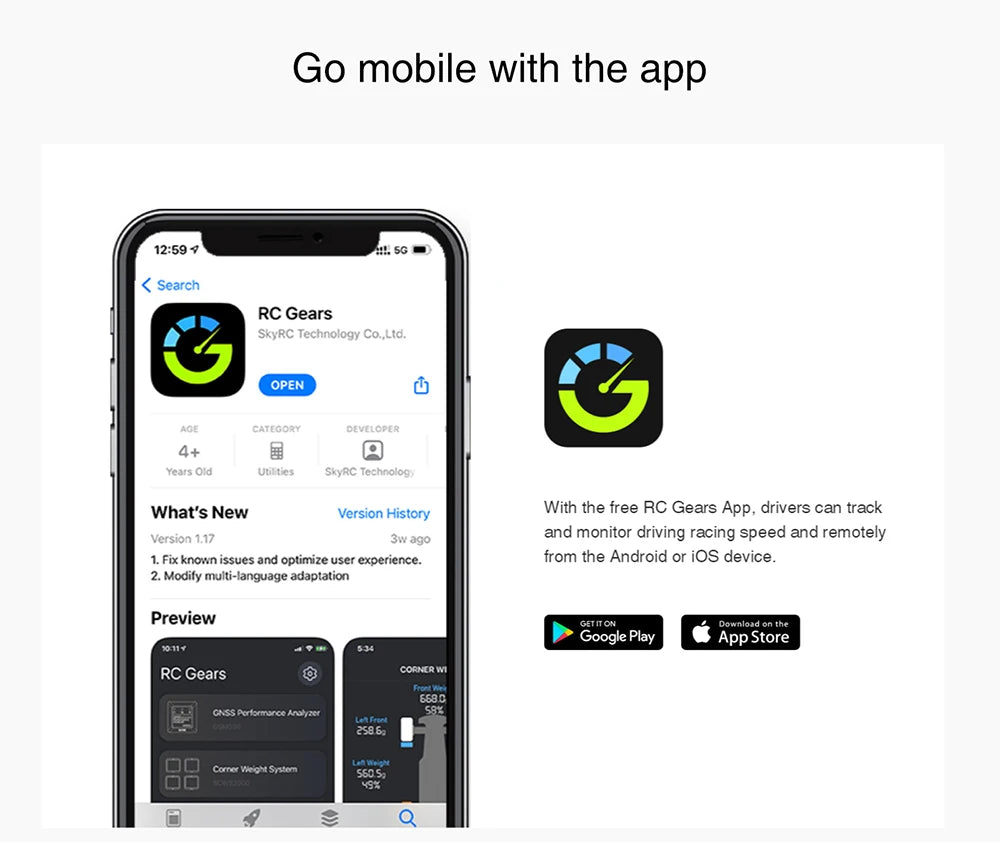 SKYRC GSM020 GNSS Performance Analyzer, free RC Gears App allows drivers to track and monitor driving speed . drivers can also