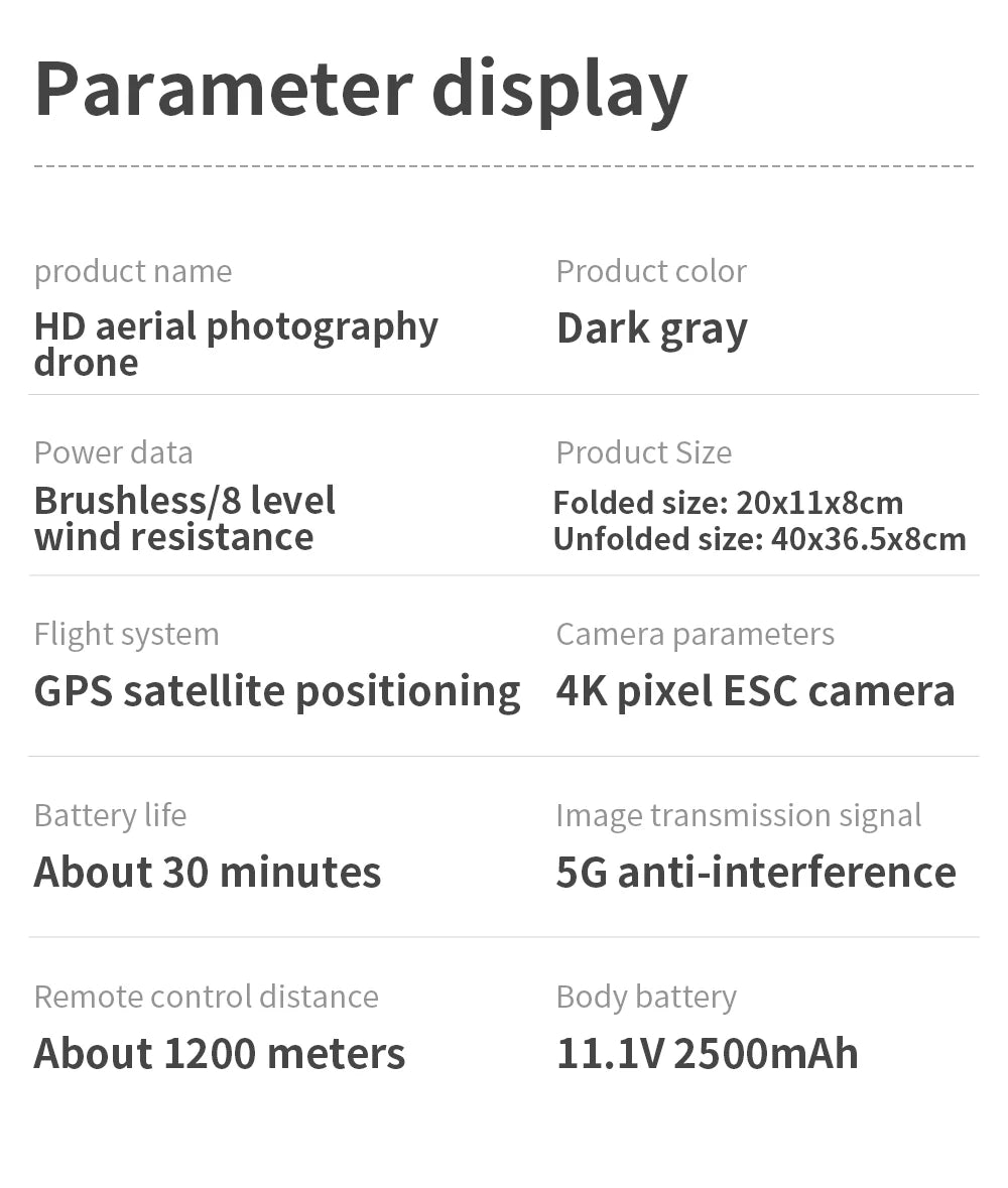 New GPS Drone 4k Profesional 8K HD Camera 3-Axis Gimbal Aerial Photography Brushless Foldable Quadcopter RC Dron Toys Gifts Professional Camera Drone 38 New GPS Drone, Parameter display product name Product color HD aerial photography Dark gray drone Power data Product size Brushless